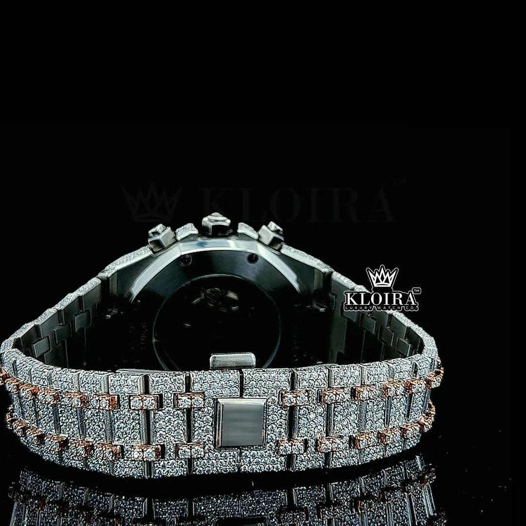 Mens Rose Gold Fully Iced Out Chronograph Moissanite Watch Caseback View