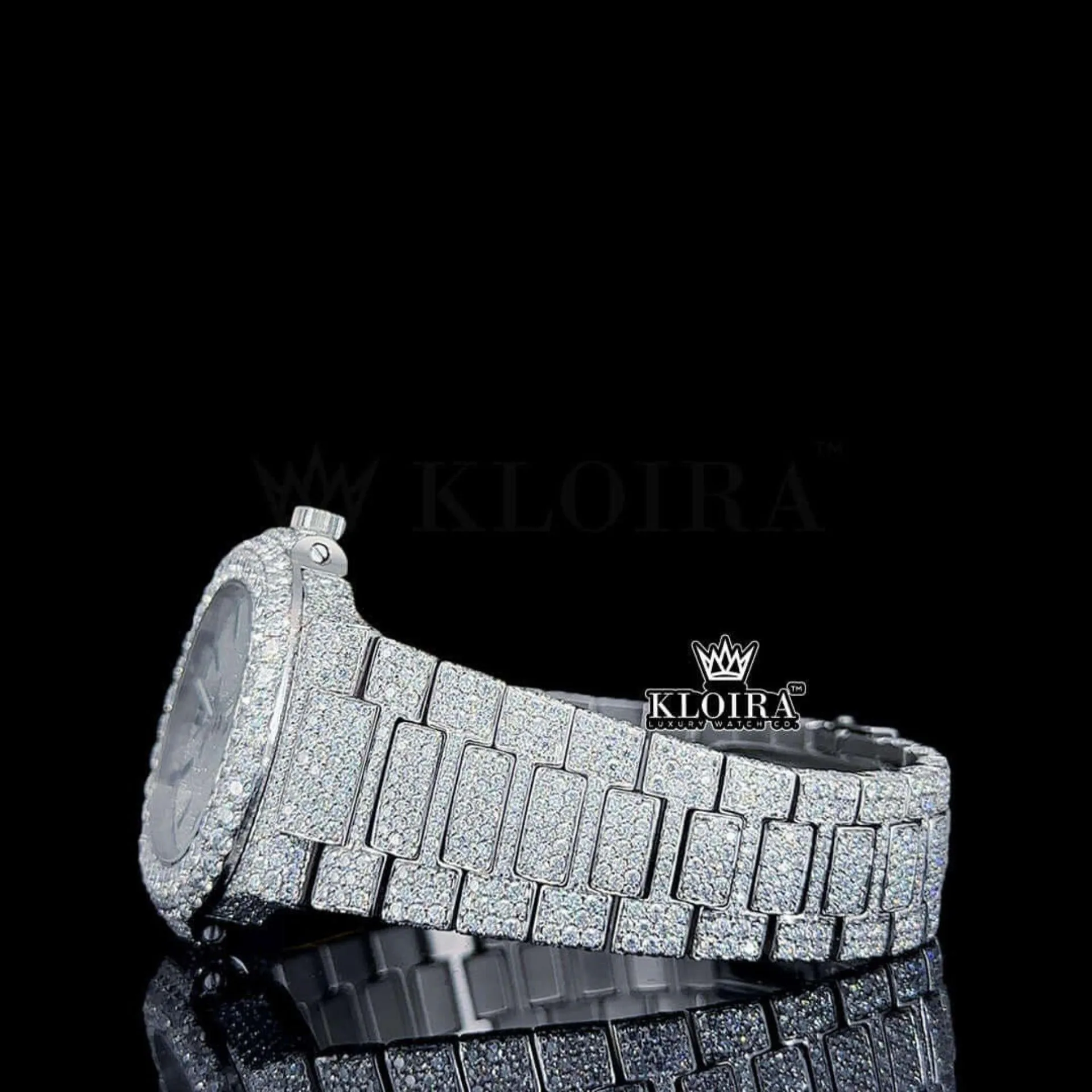 Black Stick Markers White Dial Fully Iced Moissanite Diamond Watch Left Side View