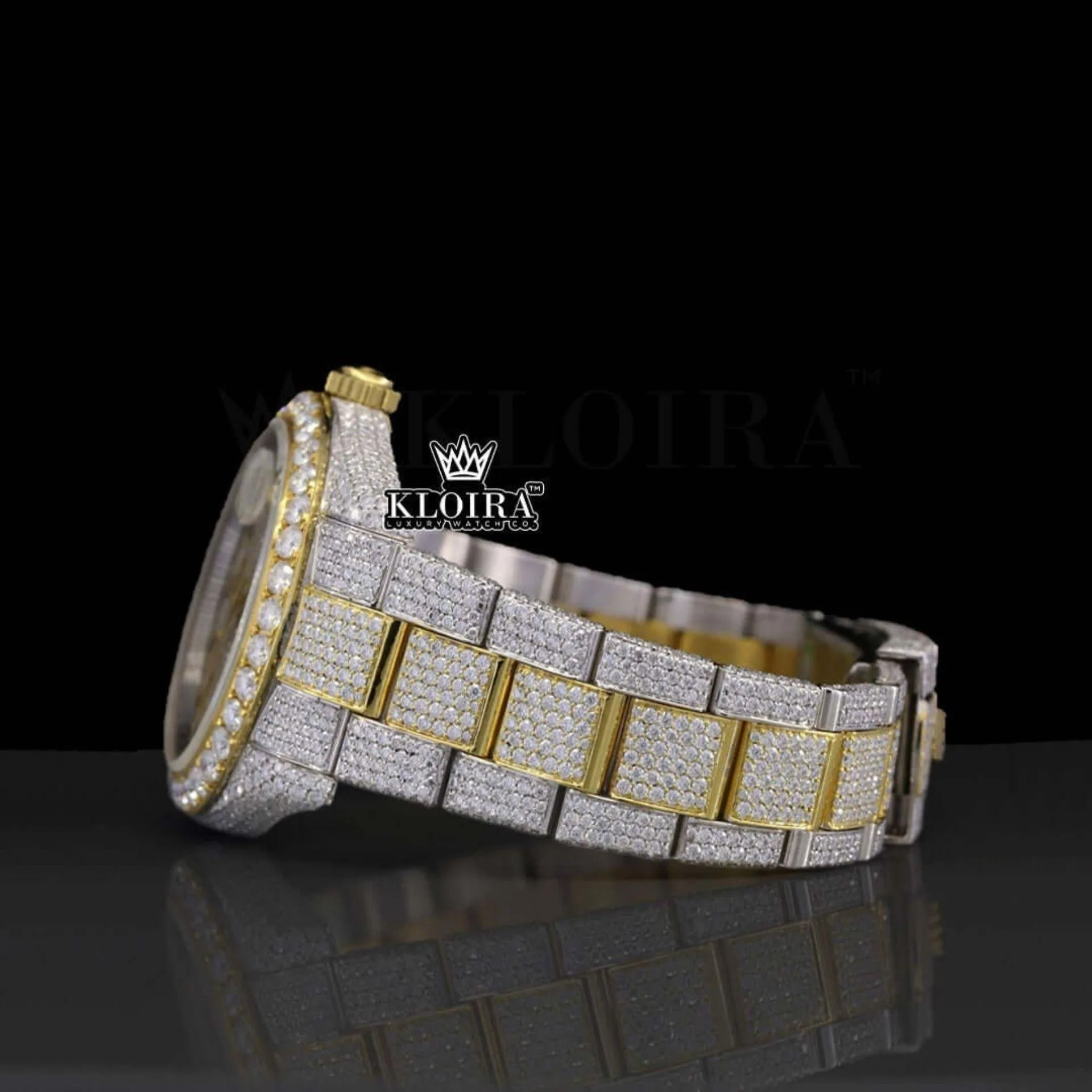 Moissanite Gold Watch 14K Gold VVS 28 Carat 42mm Left Side View