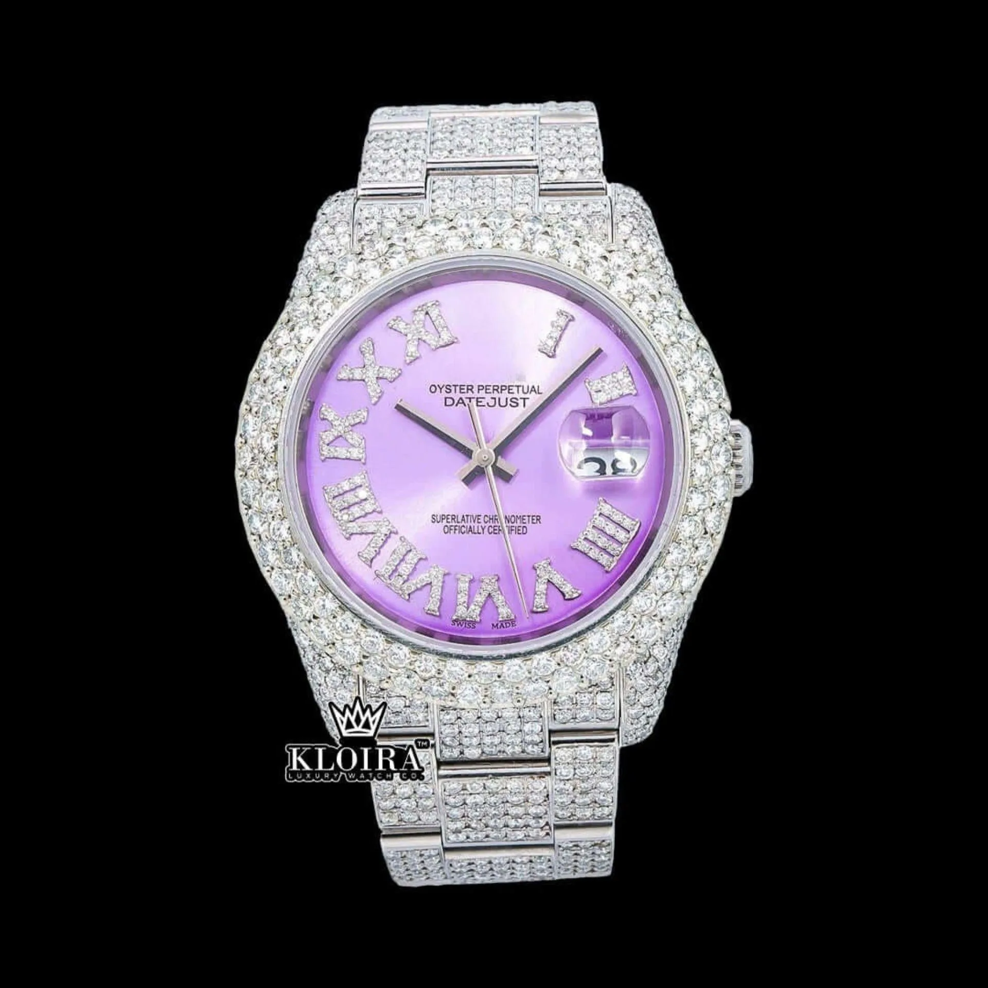 Roles Moissanite Watch with Lavender Dial and Diamond Bezel