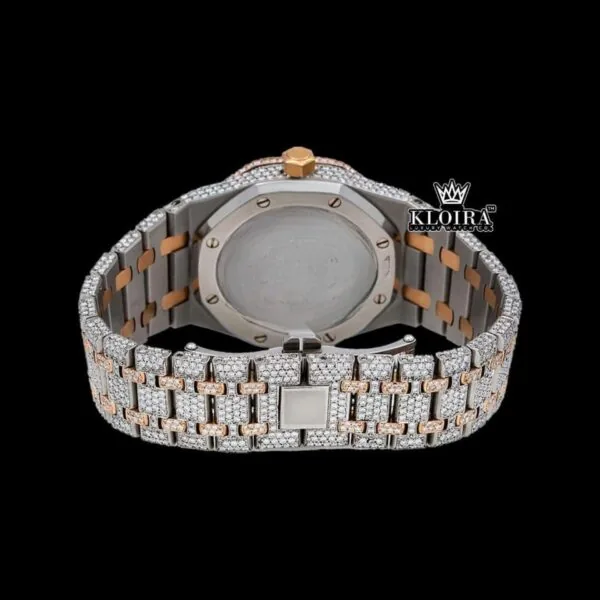 Moonphase White Dial Stick Markers Two Tone Iced Out Moissanite Watch Caseback View