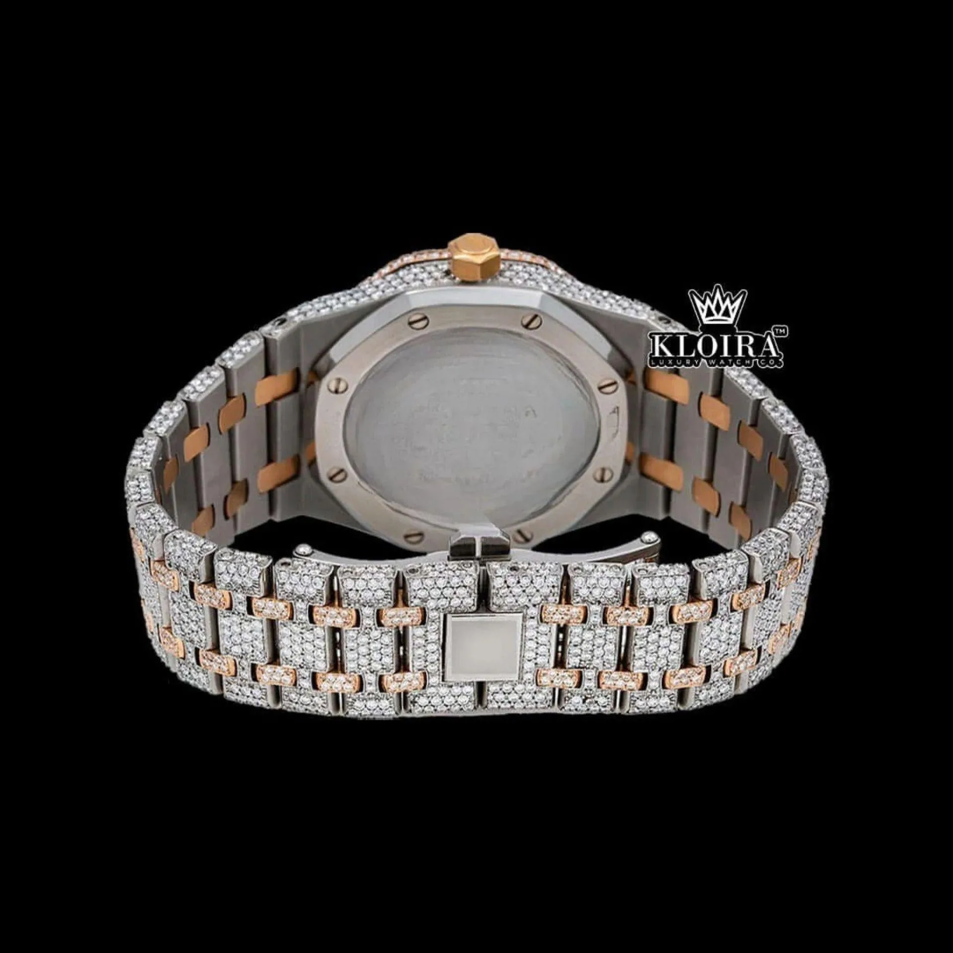 Moonphase White Dial Stick Markers Two Tone Iced Out Moissanite Watch Caseback View