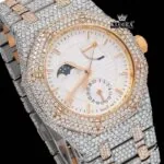 Moonphase White Dial Stick Markers Two Tone Iced Out Moissanite Watch Close Up Dial View
