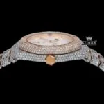 Moonphase White Dial Stick Markers Two Tone Iced Out Moissanite Watch Crown View