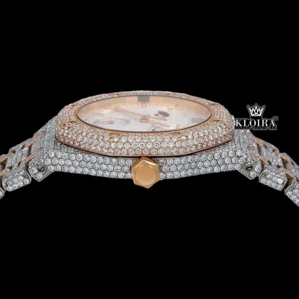 Moonphase White Dial Stick Markers Two Tone Iced Out Moissanite Watch Crown View