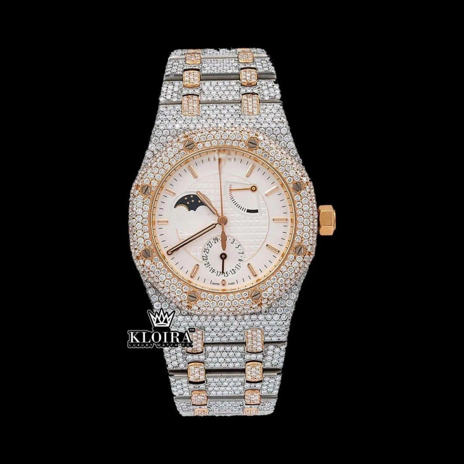 AP Moonphase Iced Out Moissanite Watch with White Dial and Gold Plating