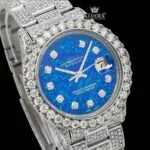 Ocean Blue Dial Diamond Markers Moissanite Diamond Watch Close Up Dial View