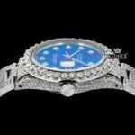 Ocean Blue Dial Diamond Markers Moissanite Diamond Watch Crown View