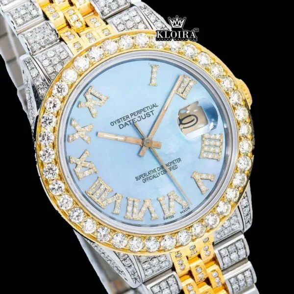 Ocean Blue Dial Roman Numerals Two Tone Moissanite Diamond Watch Close Up Dial View