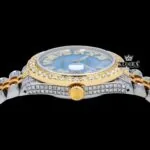 Ocean Blue Dial Roman Numerals Two Tone Moissanite Diamond Watch Crown View