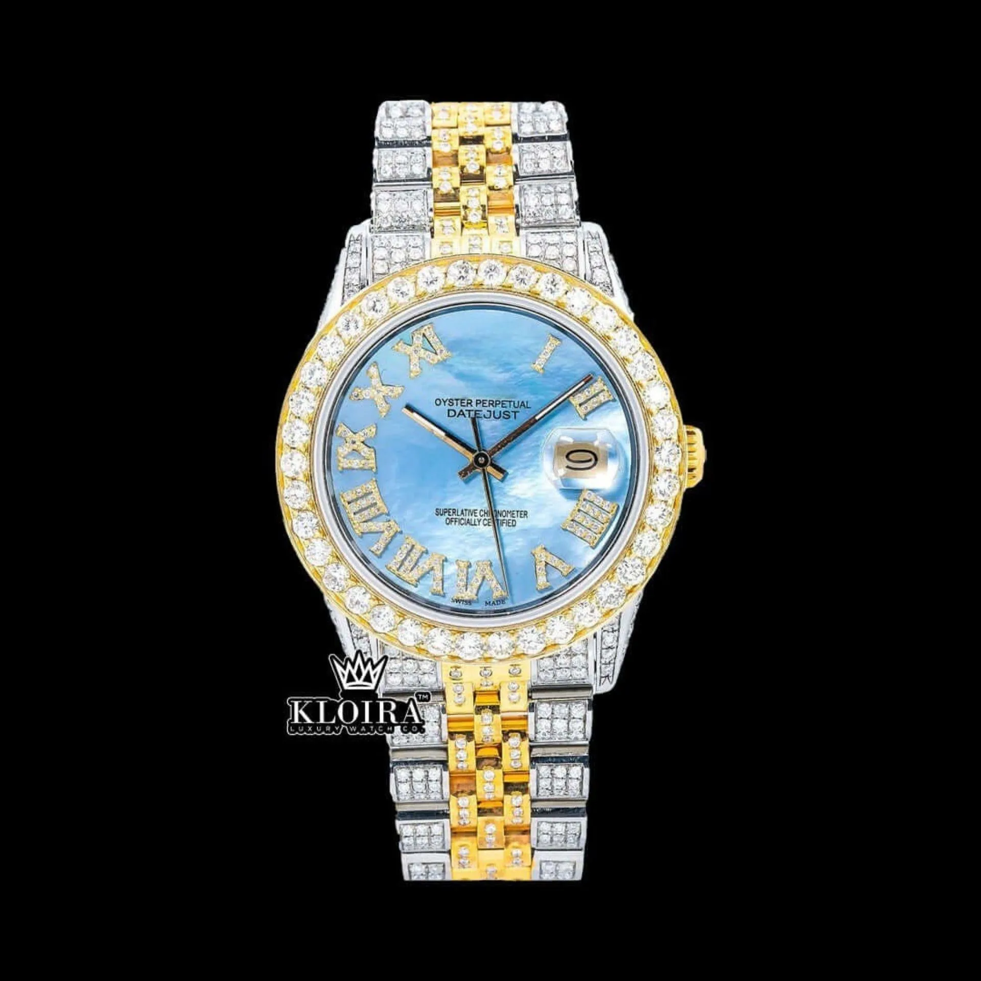 Roles Ocean Blue Dial Moissanite Watch with Roman Numerals and Two Tone Design