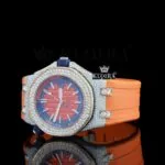 Orange Dial Stick Markers Orange Rubber Strap Moissanite Diamond Watch Left Profile View