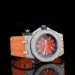 Orange Dial Stick Markers Orange Rubber Strap Moissanite Diamond Watch Right Profile View