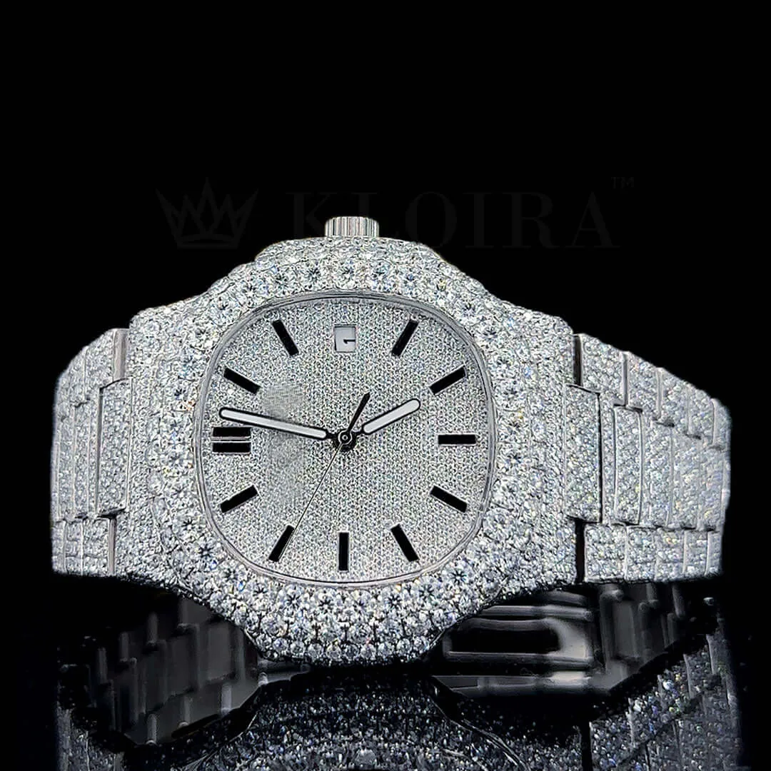 Patik Philippe Nautilus Silver Moissanite Watch with Bright White Dial and Black Numerals