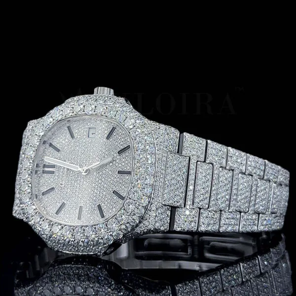 Patik Philippe Nautilus Silver 41mm Diamond Studded Swiss Made Black Stick Numerals Watch