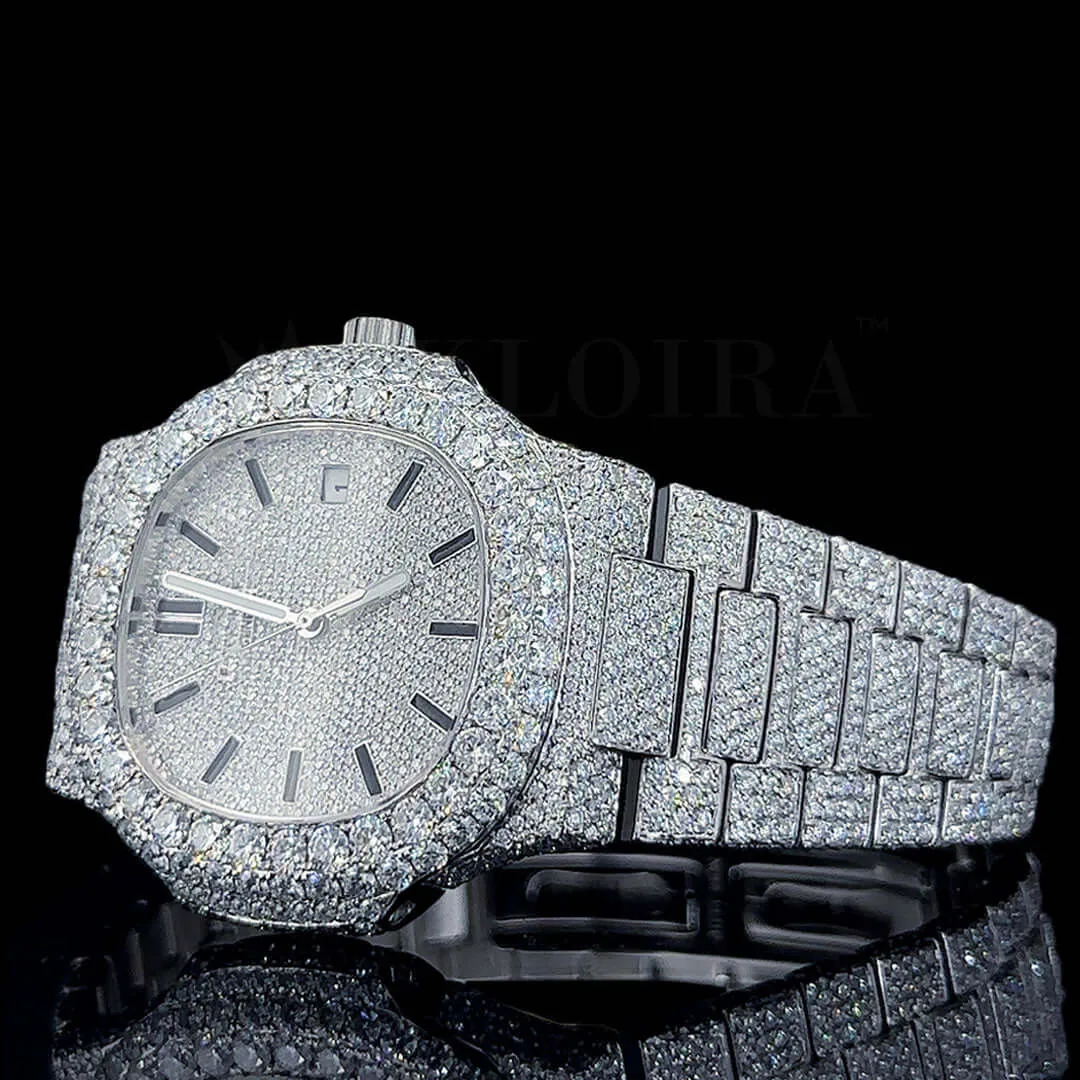 Patik Philippe Nautilus Silver 41mm Diamond Studded Swiss Made Black Stick Numerals Watch