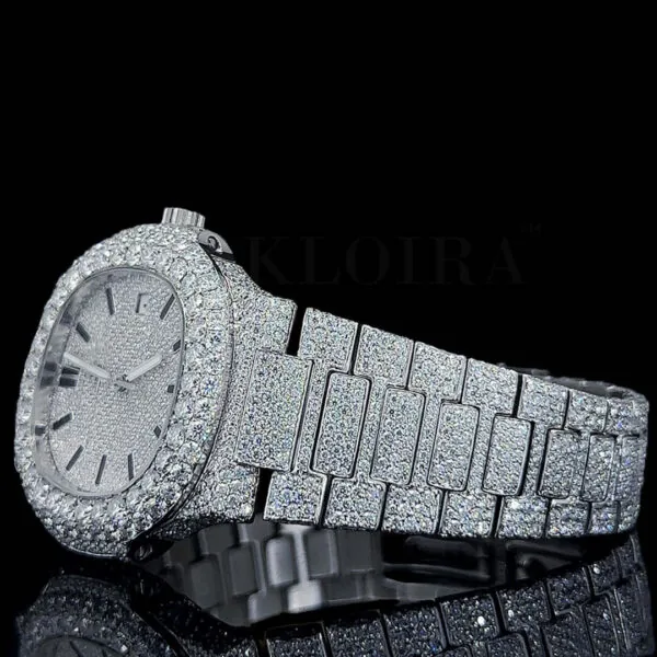 Patik Philippe Nautilus Silver 41mm Diamond Studded Swiss Made Black Stick Numerals Watch