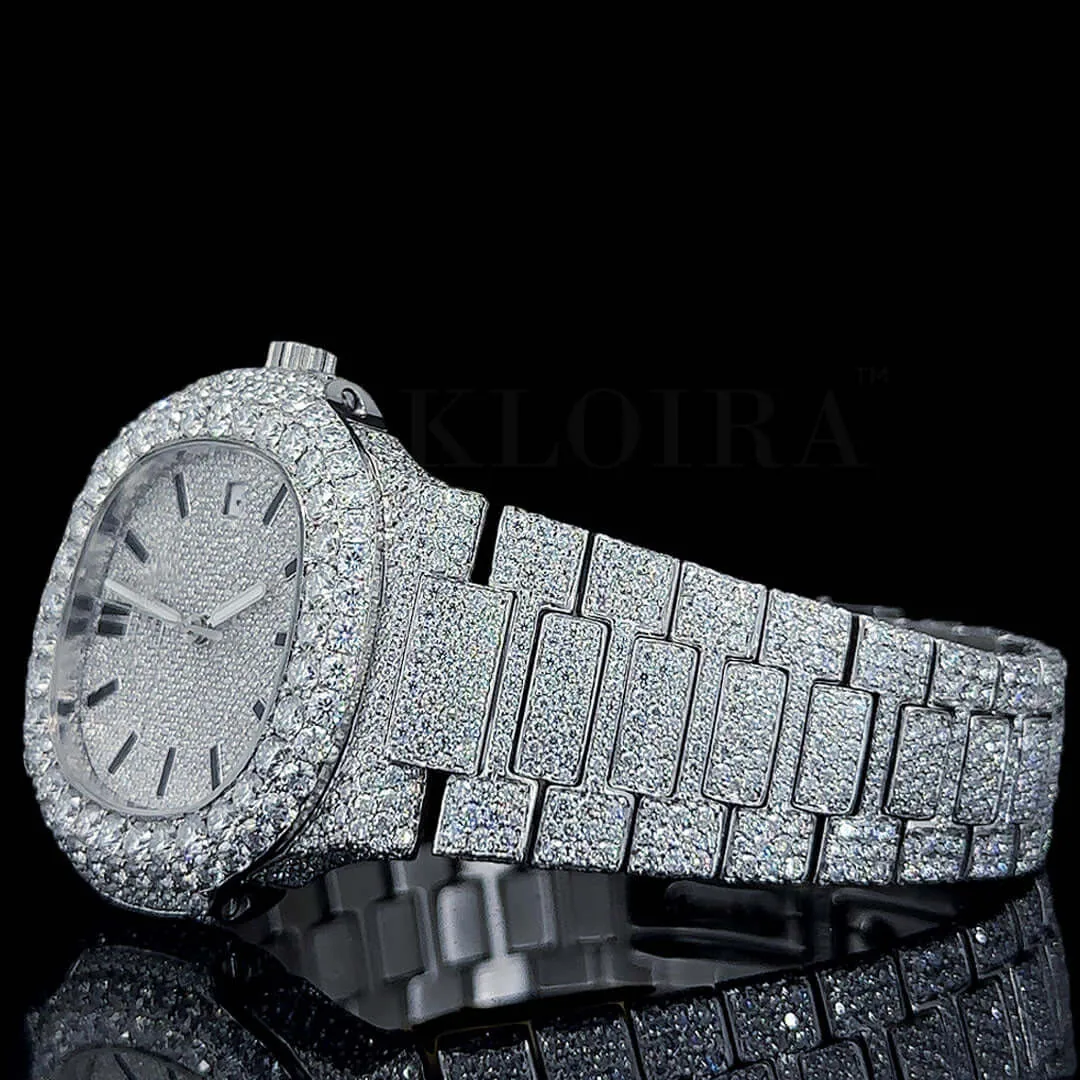 Patik Philippe Nautilus Silver 41mm Diamond Studded Swiss Made Black Stick Numerals Watch