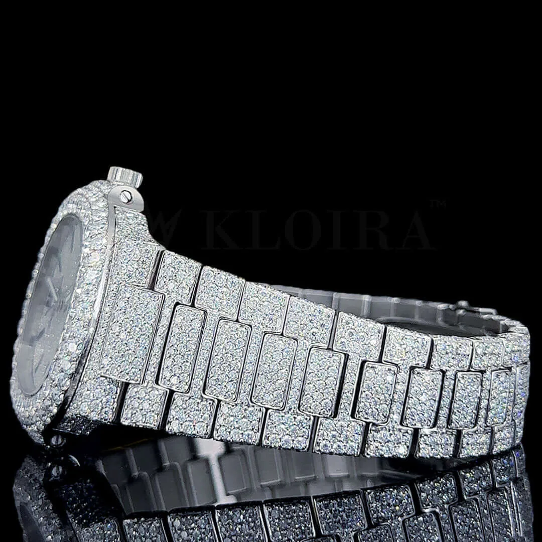 Patik Philippe Nautilus Silver 41mm Diamond Studded Swiss Made Black Stick Numerals Watch