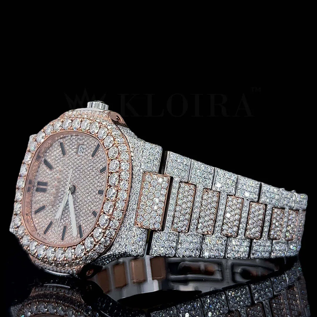 Patik Philippe Nautilus Silver 41mm Diamond Studded Swiss Made Rose Silver Dial Black Hands Watch