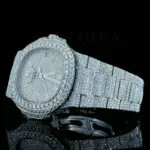 Patik Philippe Nautilus Silver 41mm Diamond Studded Swiss Made White Hands Stick Numerals Watch