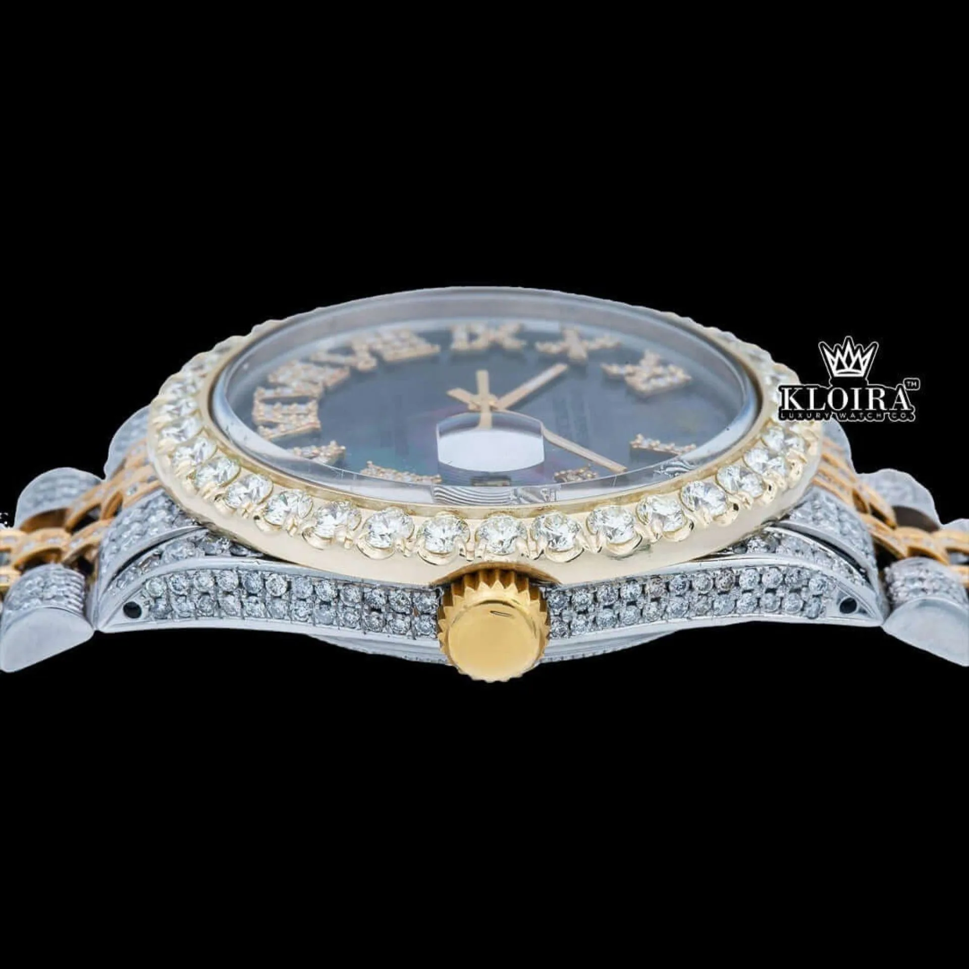 Pearl Green Dial Roman Numerals Two Tone Iced Out Moissanite Watch Crown View
