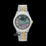 Roles Pearl Green Dial Roman Numerals Two Tone Iced Out Moissanite Watch with vibrant green dial