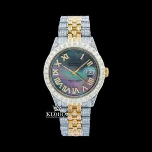 Roles Pearl Green Dial Roman Numerals Two Tone Iced Out Moissanite Watch