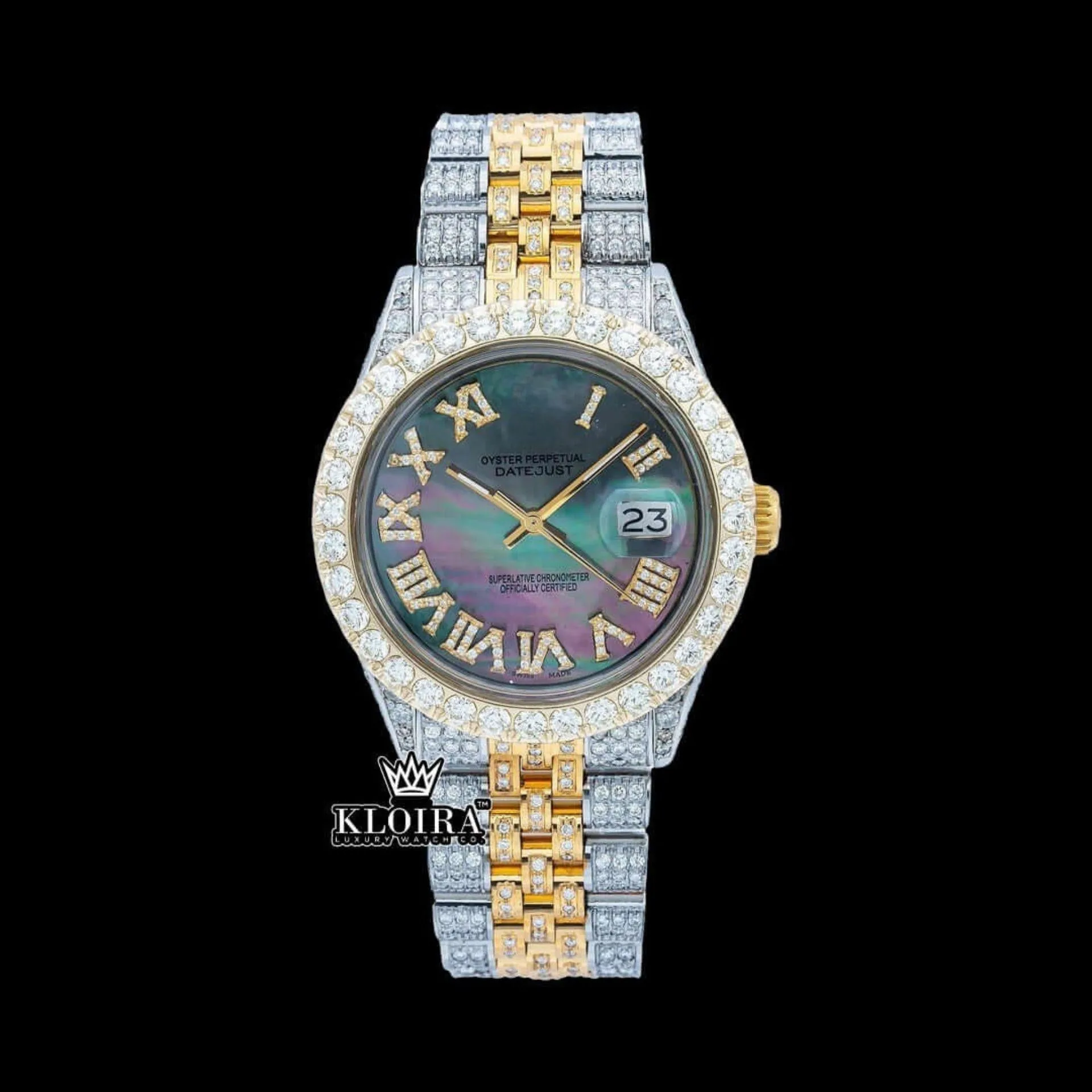 Roles Pearl Green Dial Roman Numerals Two Tone Iced Out Moissanite Watch with vibrant green dial