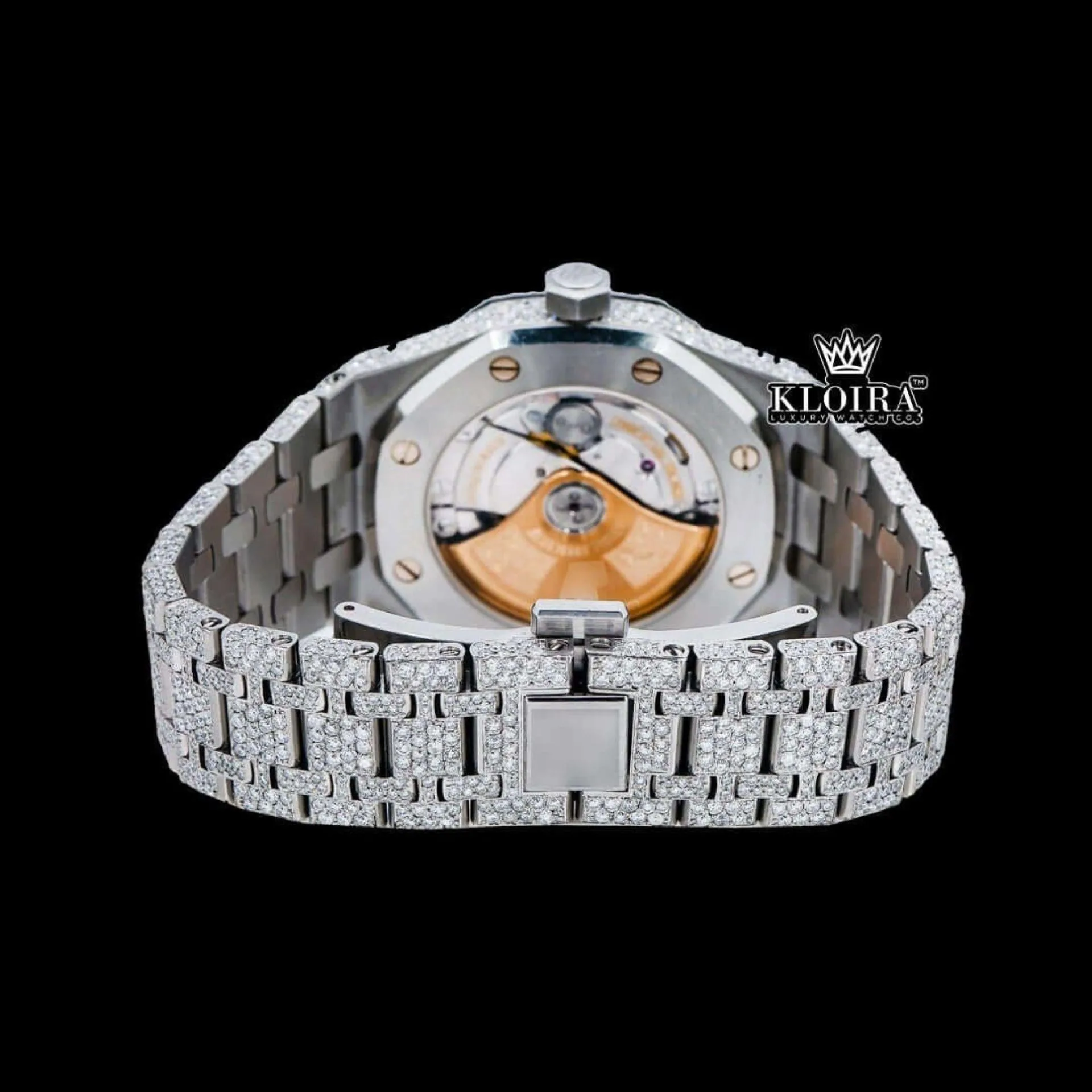 Pink Arabic Numerals Dial Full Iced Out AP Moissanite Watch Caseback View