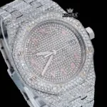 Pink Arabic Numerals Dial Full Iced Out AP Moissanite Watch Close Up Dial View