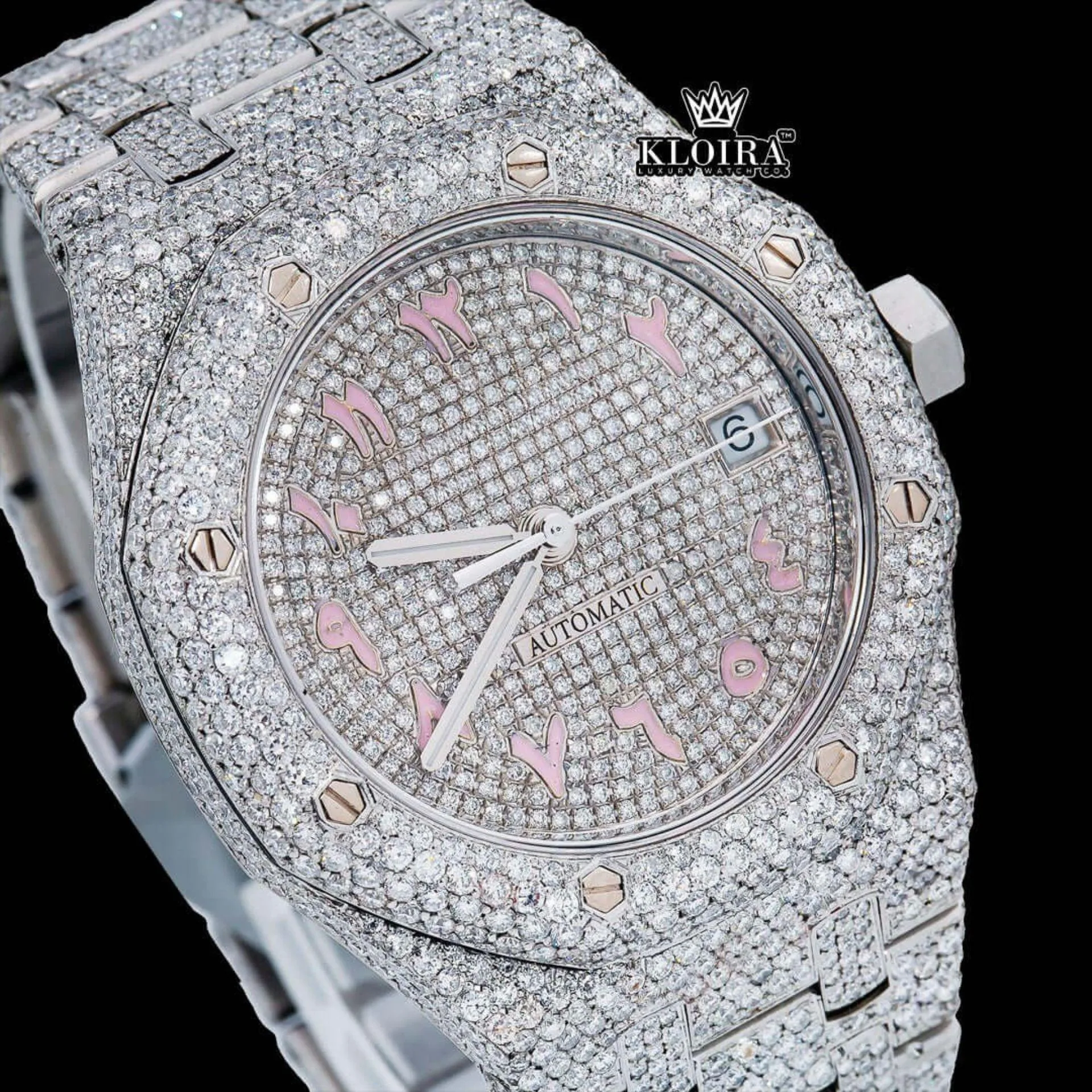 Pink Arabic Numerals Dial Full Iced Out AP Moissanite Watch Close Up Dial View