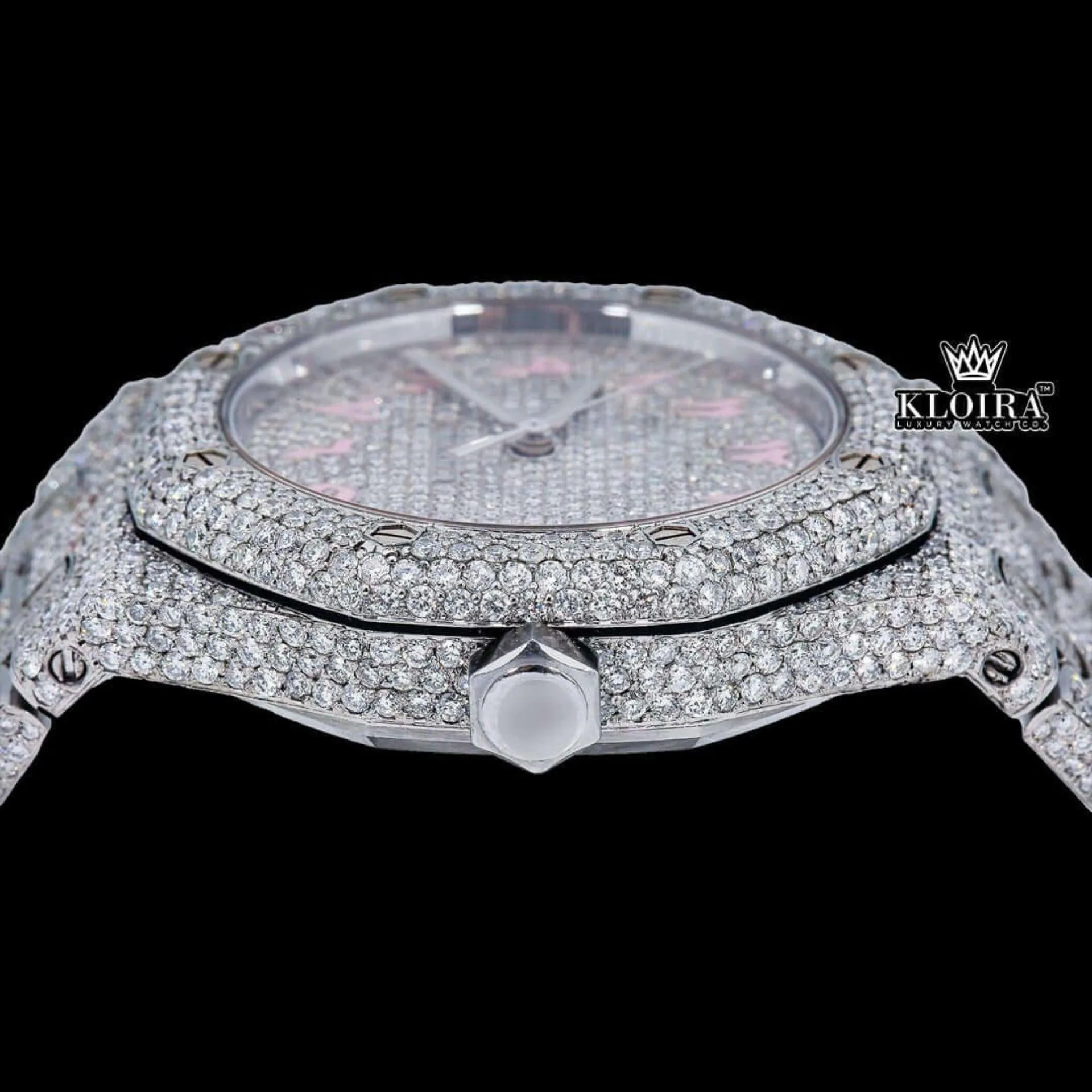 Pink Arabic Numerals Dial Full Iced Out AP Moissanite Watch Crown View