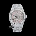 AP Pink Arabic Numerals Dial Full Iced Out Moissanite Watch with 14K Gold Plating