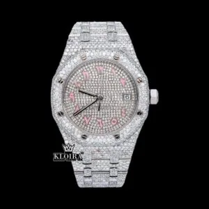 AP Pink Arabic Numerals Dial Full Iced Out Moissanite Watch