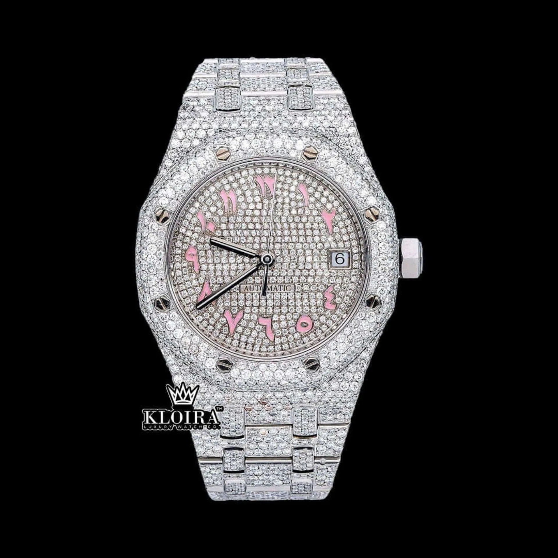 AP Pink Arabic Numerals Dial Full Iced Out Moissanite Watch with 14K Gold Plating