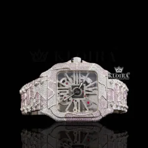 Cartior Pink Camouflage Strap Skeleton Dial Moissanite Watch