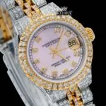 Pink Dial Diamond Markers Two Tone Moissanite Diamond Watch Close Up Dial View