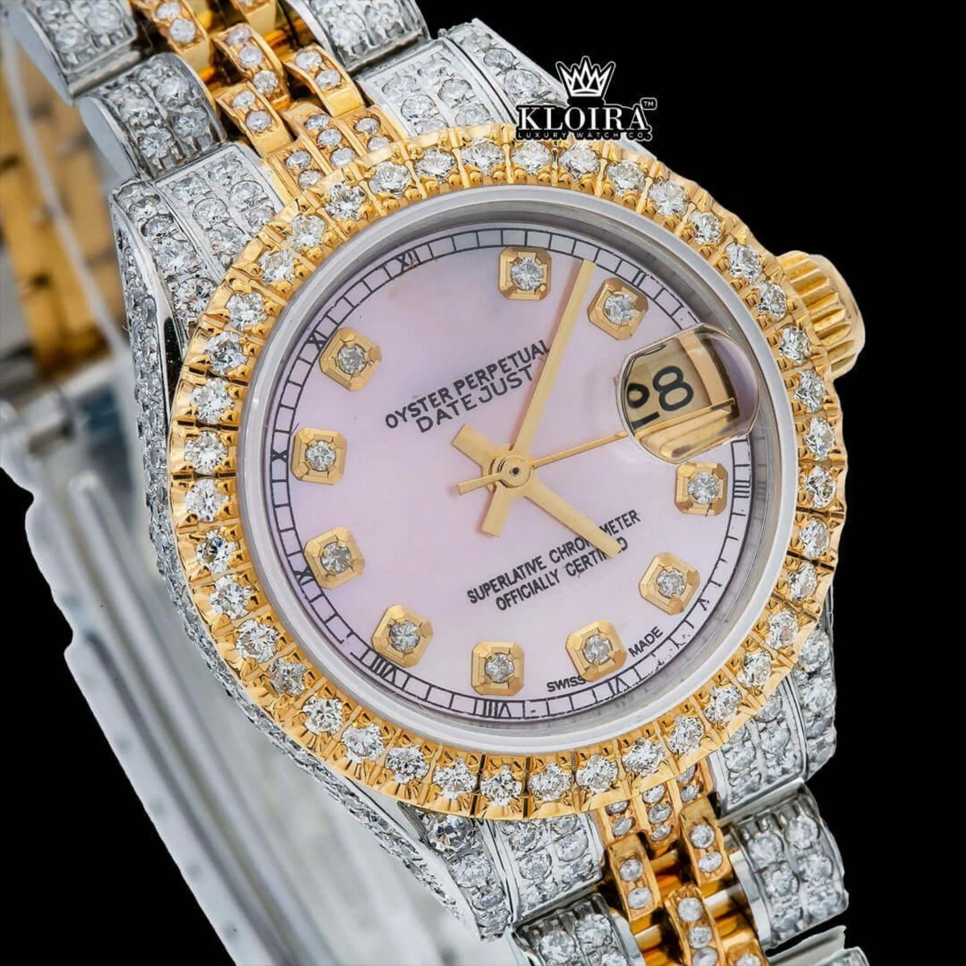 Pink Dial Diamond Markers Two Tone Moissanite Diamond Watch Close Up Dial View