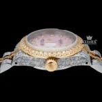 Pink Dial Diamond Markers Two Tone Moissanite Diamond Watch Crown View