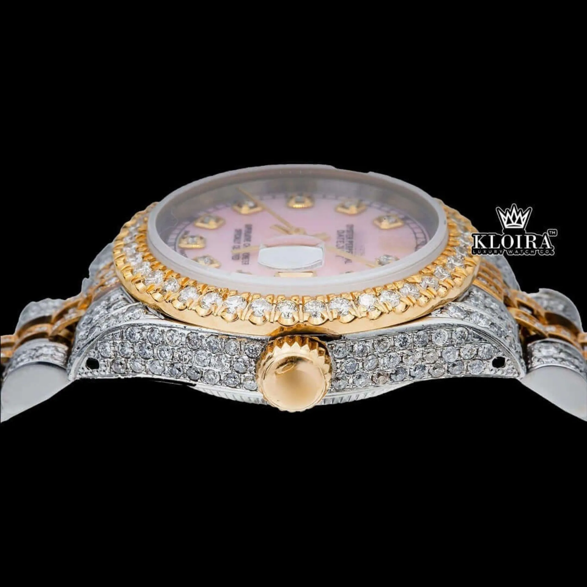 Pink Dial Diamond Markers Two Tone Moissanite Diamond Watch Crown View