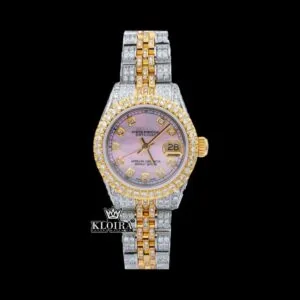 Roles Pink Dial Diamond Markers Two Tone Moissanite Watch