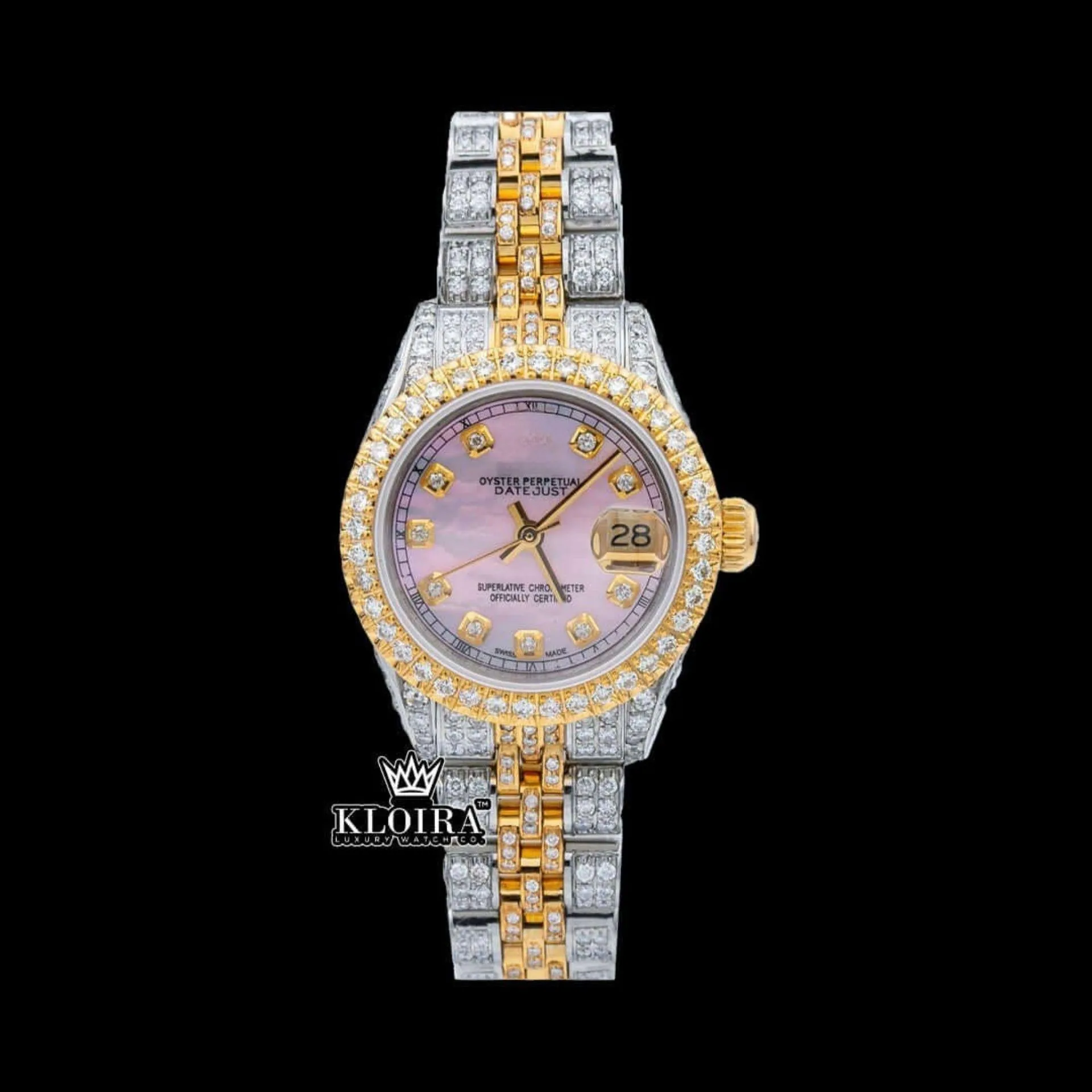 Roles Pink Dial Diamond Markers Two Tone Moissanite Watch with Pink Dial