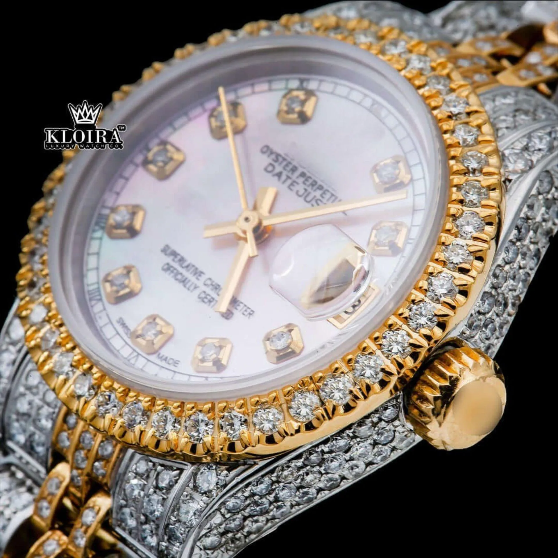 Pink Dial Diamond Markers Two Tone Moissanite Diamond Watch Full Close Up Dial View