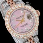 Pink Dial Diamond Markers Two Tone Rose Gold Moissanite Watch Close Up Dial View
