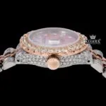 Pink Dial Diamond Markers Two Tone Rose Gold Moissanite Watch Crown View