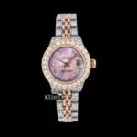 Roles Pink Dial Diamond Markers Two Tone Rose Gold Moissanite Watch with vibrant pink dial and diamond markers