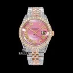 Roles Pink Dial Yellow Roman Numerals Moissanite Watch with Fully Iced Out Design