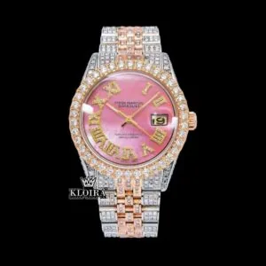 Roles Pink Dial Yellow Roman Numerals Moissanite Watch