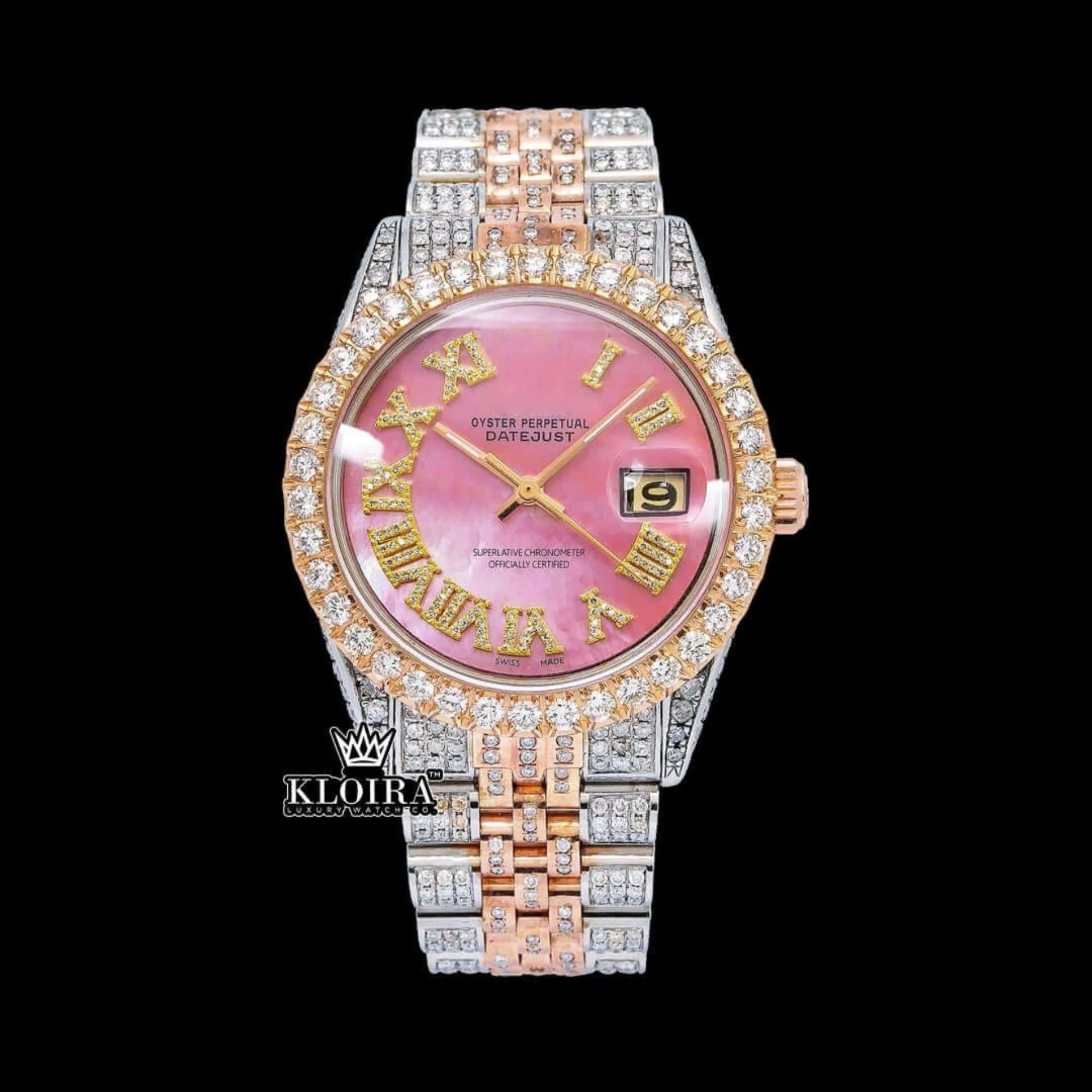 Roles Pink Dial Yellow Roman Numerals Moissanite Watch with Fully Iced Out Design